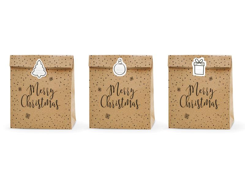 Geschenktüten Merry Christmas, Kraft, 25x11x27cm (1 VPE / 3 Stk.) - FeierGlanz